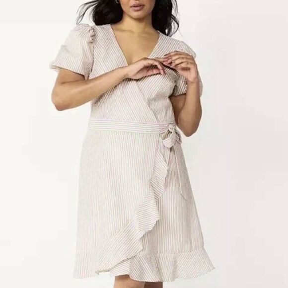 Draper James RSVP Puff Sleeve Wrap Seersucker Ruffle Striped Dress - Picture 1 of 6